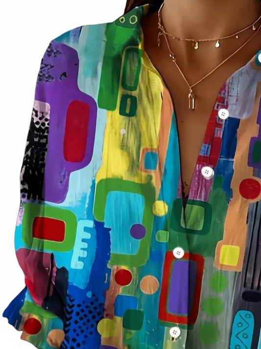 Dames Blouse Lange Mouw met V-hals en Abstract Geometrisch Print