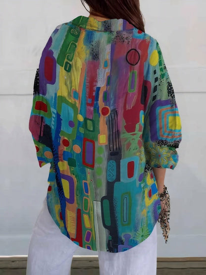 Dames Blouse Lange Mouw met V-hals en Abstract Geometrisch Print