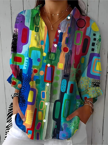 Dames Blouse Lange Mouw met V-hals en Abstract Geometrisch Print Paars Geel Blauw Groen
