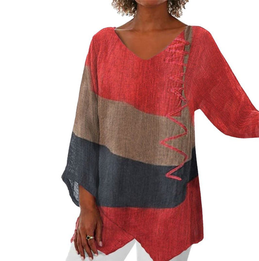 Dames Blouse Lange Mouw met V-hals en Asymmetrische Zoom Rood