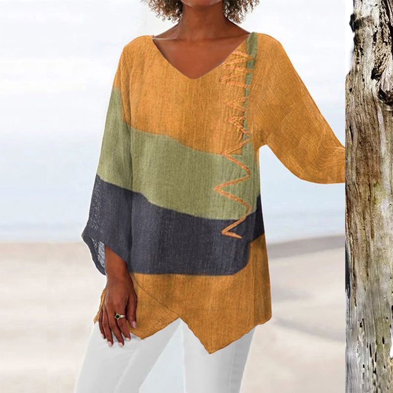 Dames Blouse Lange Mouw met V-hals en Asymmetrische Zoom