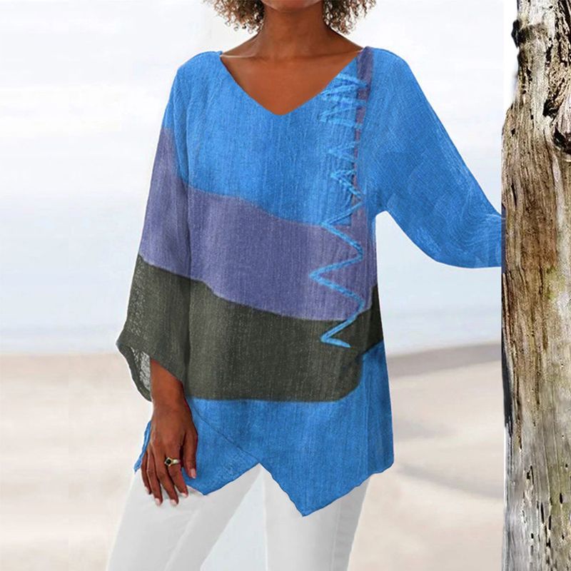 Dames Blouse Lange Mouw met V-hals en Asymmetrische Zoom