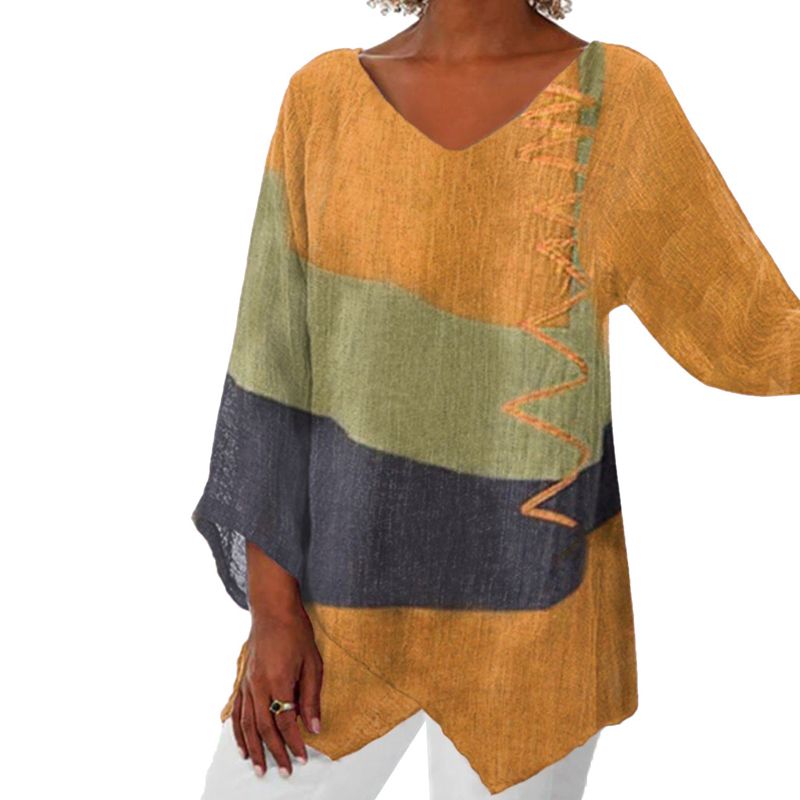 Dames Blouse Lange Mouw met V-hals en Asymmetrische Zoom Geel
