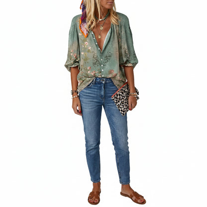 Dames Blouse Lange Mouw met V-hals en Bloemenprint
