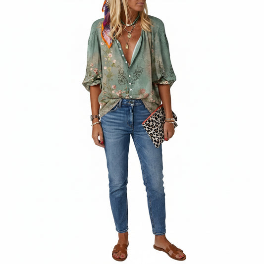 Dames Blouse Lange Mouw met V-hals en Bloemenprint