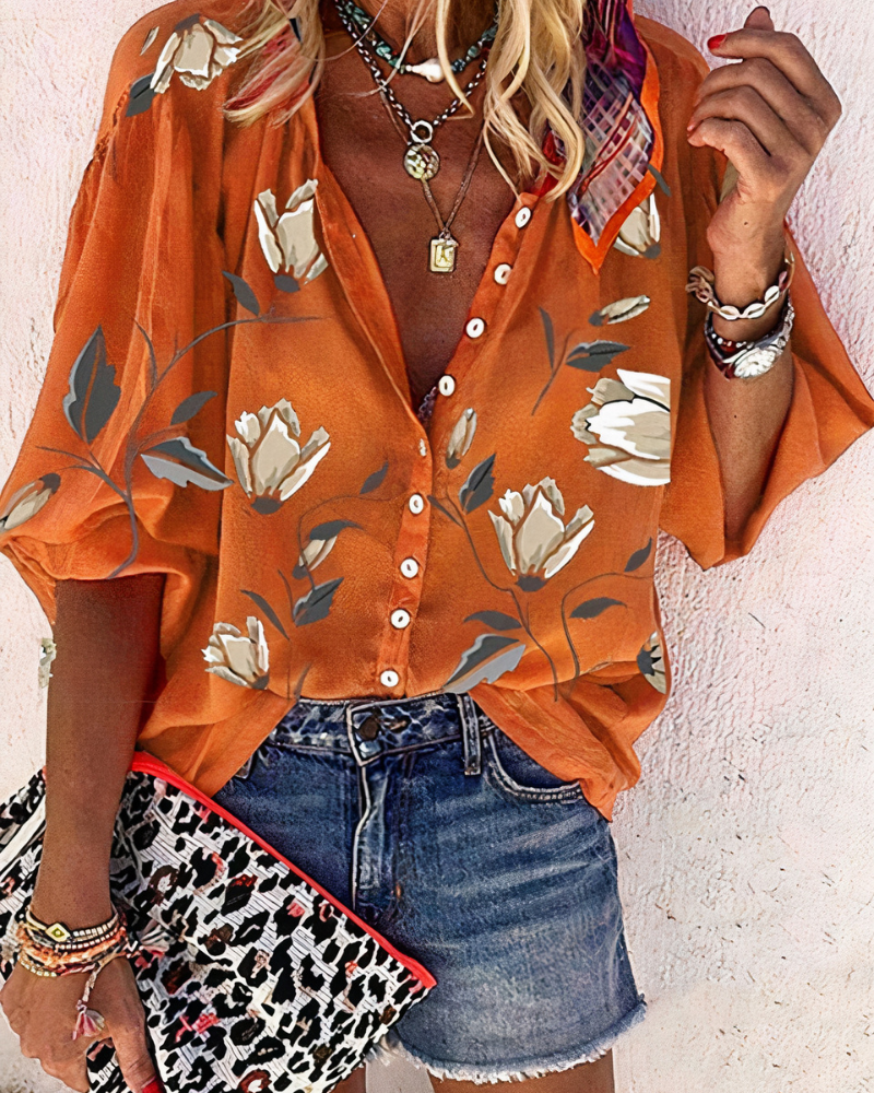 Dames Blouse Lange Mouw met V-hals en Bloemenprint Oranje Wit