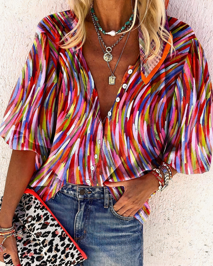 Dames Blouse Lange Mouw met V-hals en Bloemenprint Rood Roze Blauw Groen
