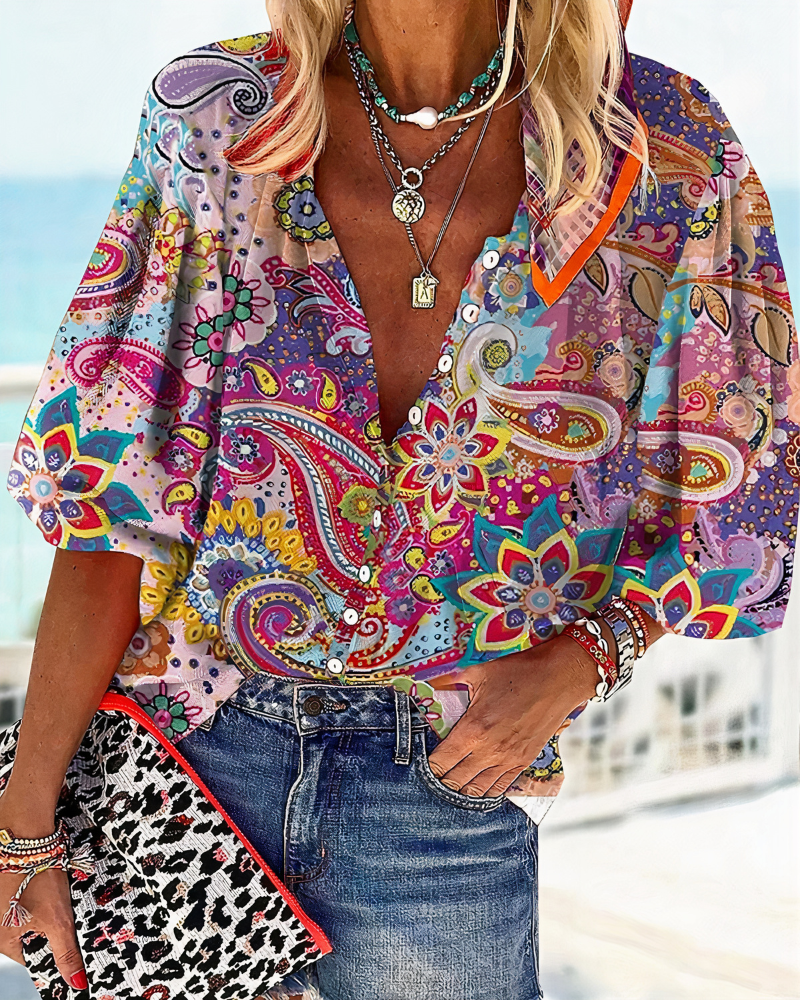 Dames Blouse Lange Mouw met V-hals en Bloemenprint Roze Paars Blauw Groen Geel Rood