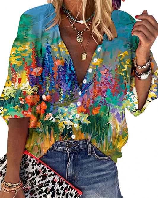 Dames Blouse Lange Mouw met V-hals en Bloemenprint