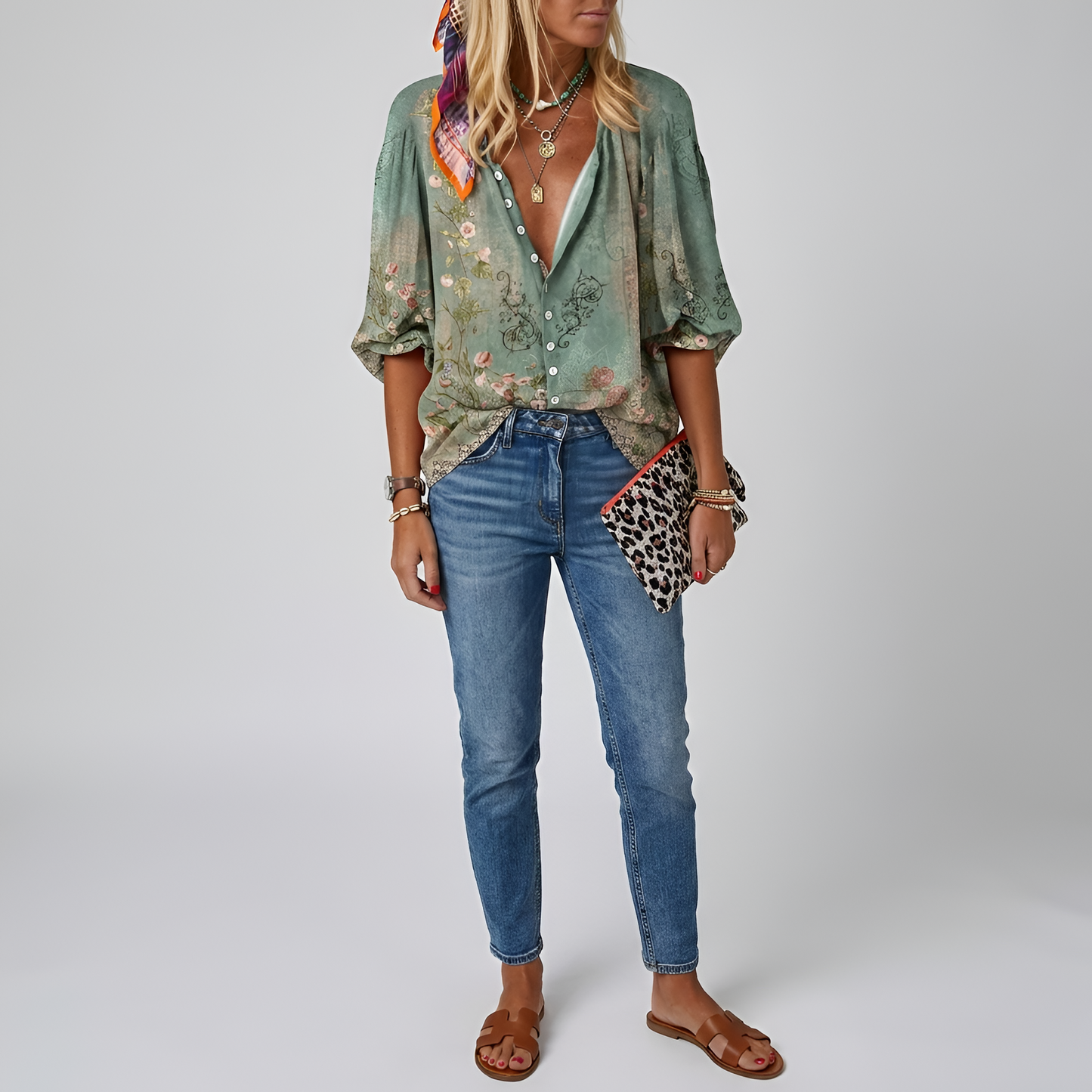 Dames Blouse Lange Mouw met V-hals en Bloemenprint Groen
