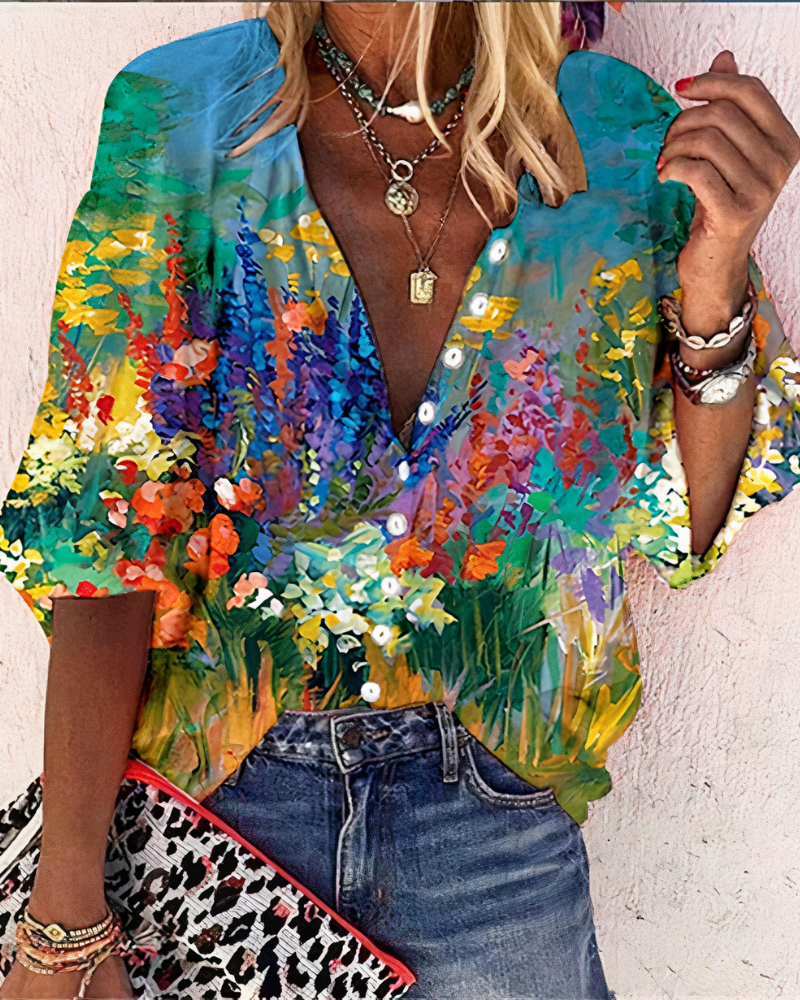 Dames Blouse Lange Mouw met V-hals en Bloemenprint Oranje Wit Groen