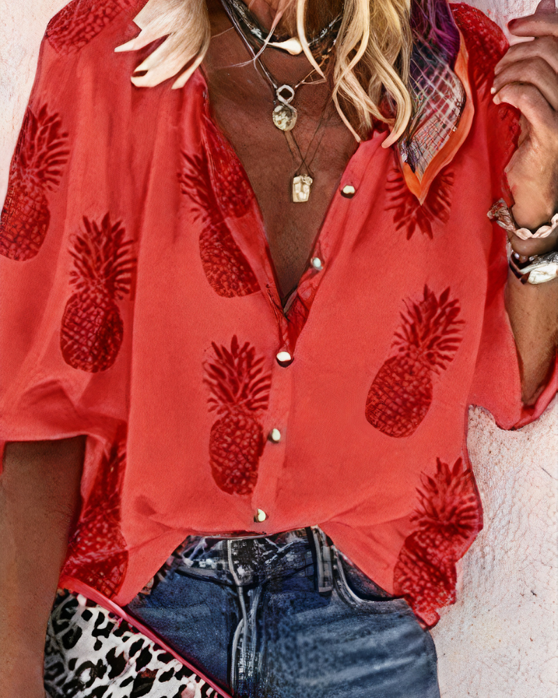 Dames Blouse Lange Mouw met V-hals en Bloemenprint Rood Ananas