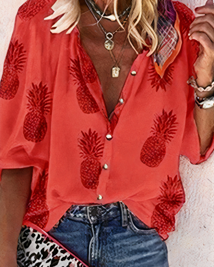 Dames Blouse Lange Mouw met V-hals en Bloemenprint Rood Ananas