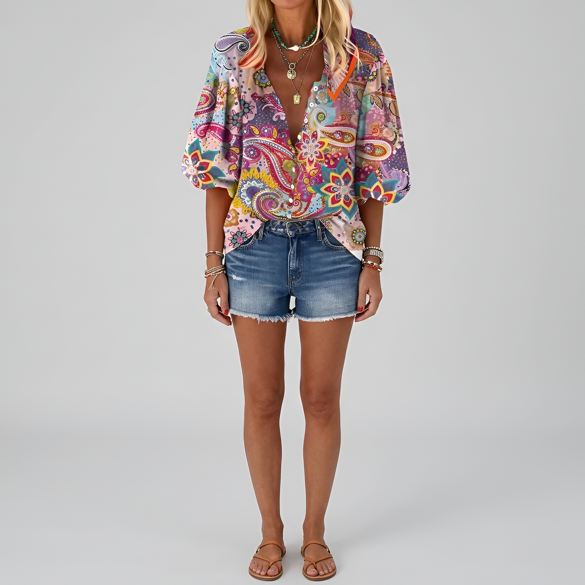 Dames Blouse Lange Mouw met V-hals en Bloemenprint Roze