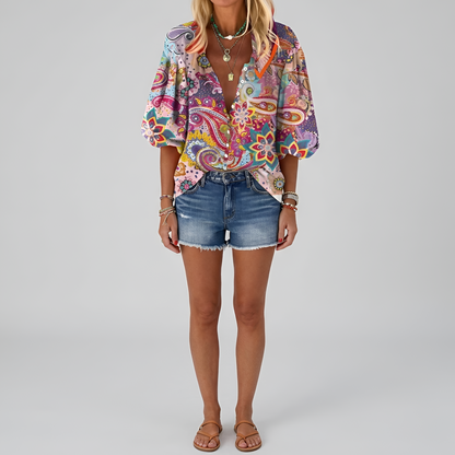 Dames Blouse Lange Mouw met V-hals en Bloemenprint Roze