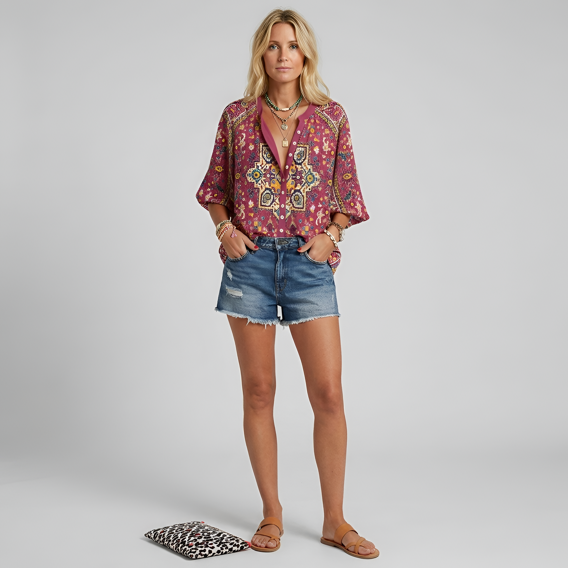 Dames Blouse Lange Mouw met V-hals en Bloemenprint Rood