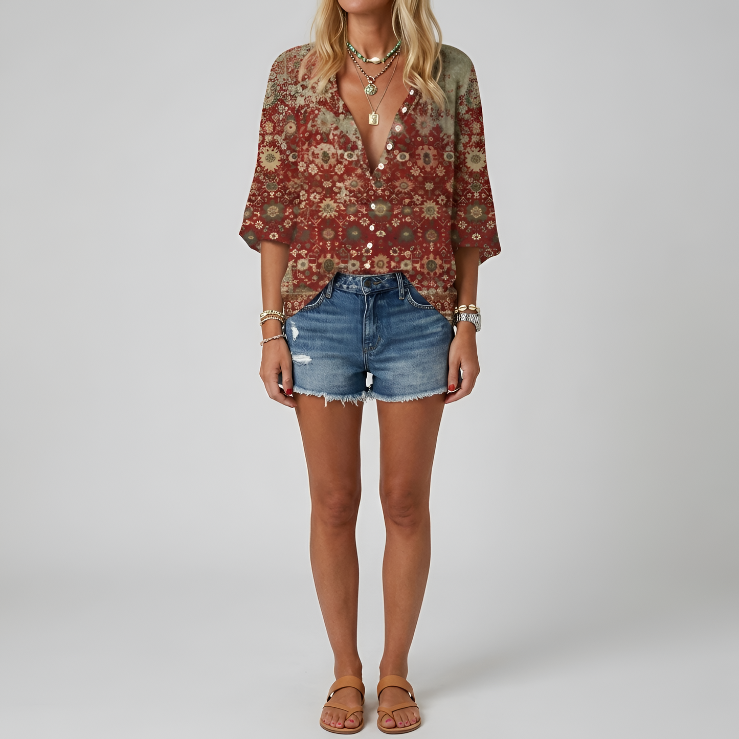 Dames Blouse Lange Mouw met V-hals en Bloemenprint Bruin