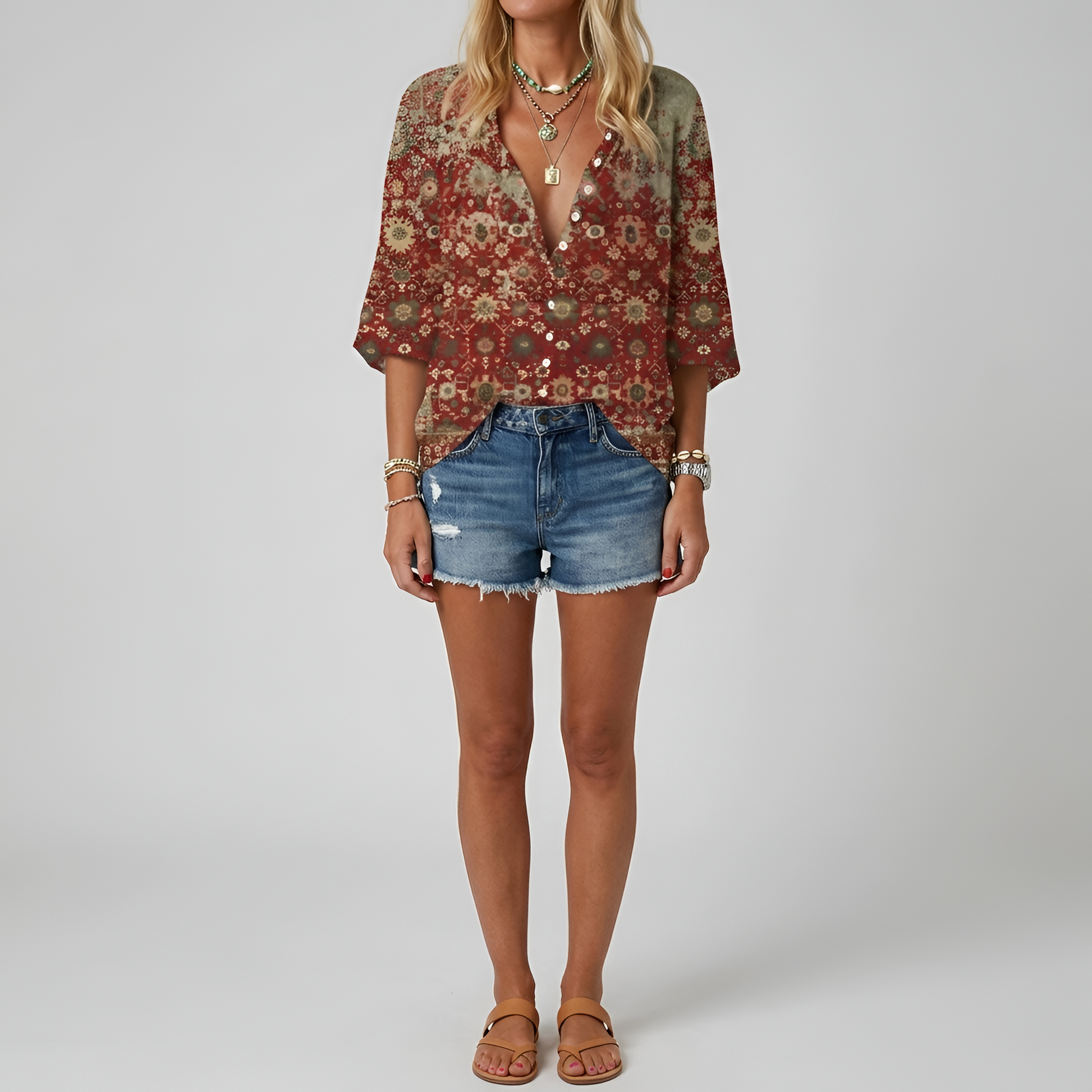 Dames Blouse Lange Mouw met V-hals en Bloemenprint Bruin