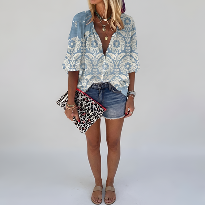 Dames Blouse Lange Mouw met V-hals en Bloemenprint Blauw
