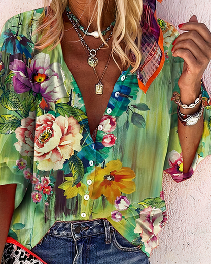 Dames Blouse Lange Mouw met V-hals en Bloemenprint Groen Paars Geel