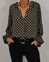 Dames Blouse Lange Mouw met V-hals en Geometrische Print