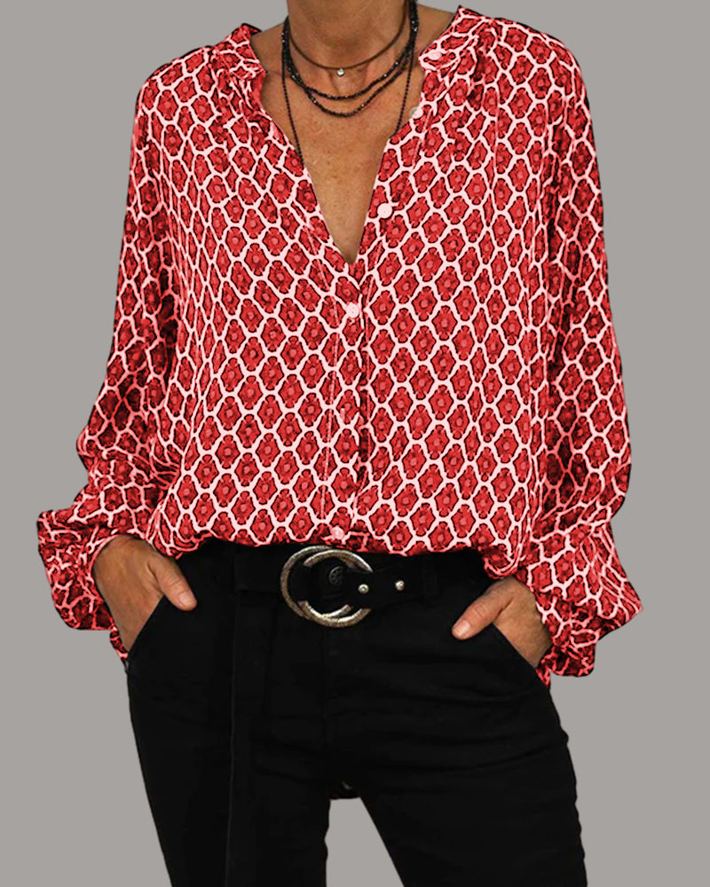 Dames Blouse Lange Mouw met V-hals en Geometrische Print Rood