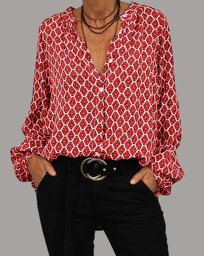 Dames Blouse Lange Mouw met V-hals en Geometrische Print Rood