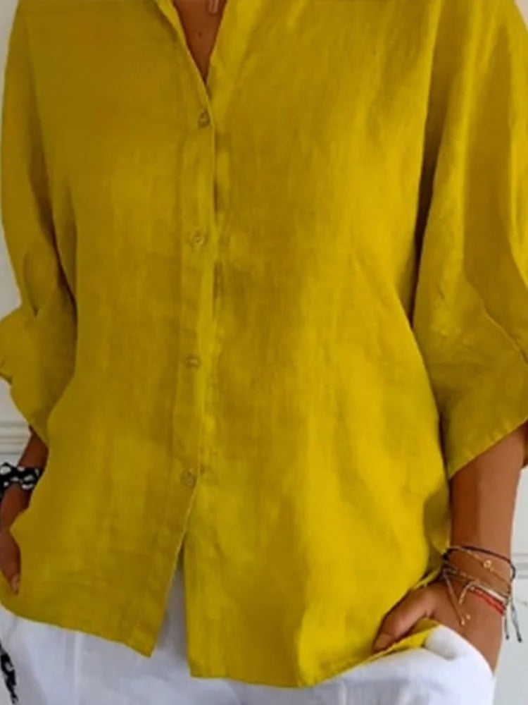 Dames Blouse Lange Mouw met V-hals en Knoopsluiting Oversized Geel