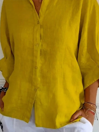 Dames Blouse Lange Mouw met V-hals en Knoopsluiting Oversized Geel