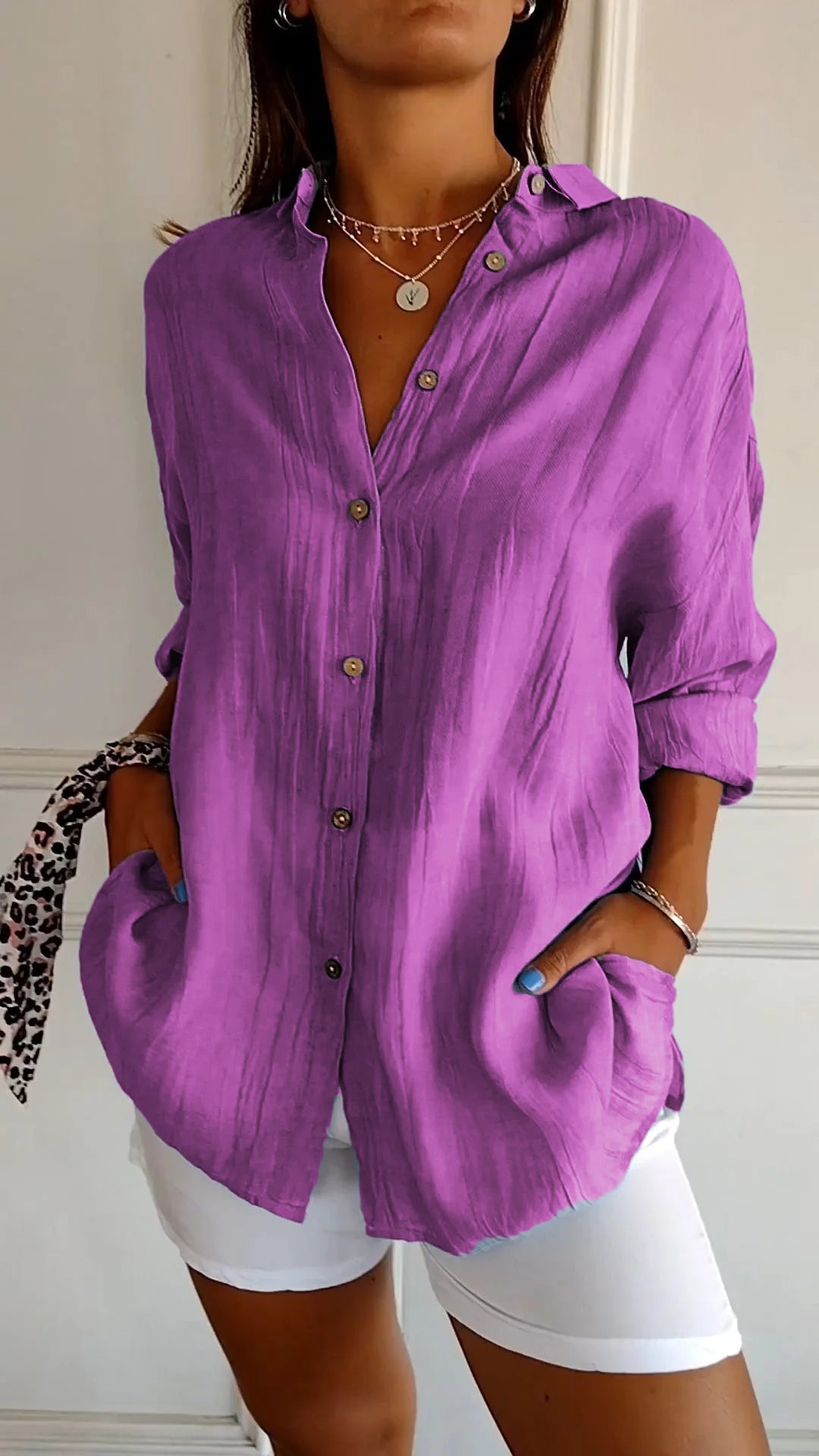 Dames Blouse Lange Mouw met V-hals en Knoopsluiting Oversized Paars