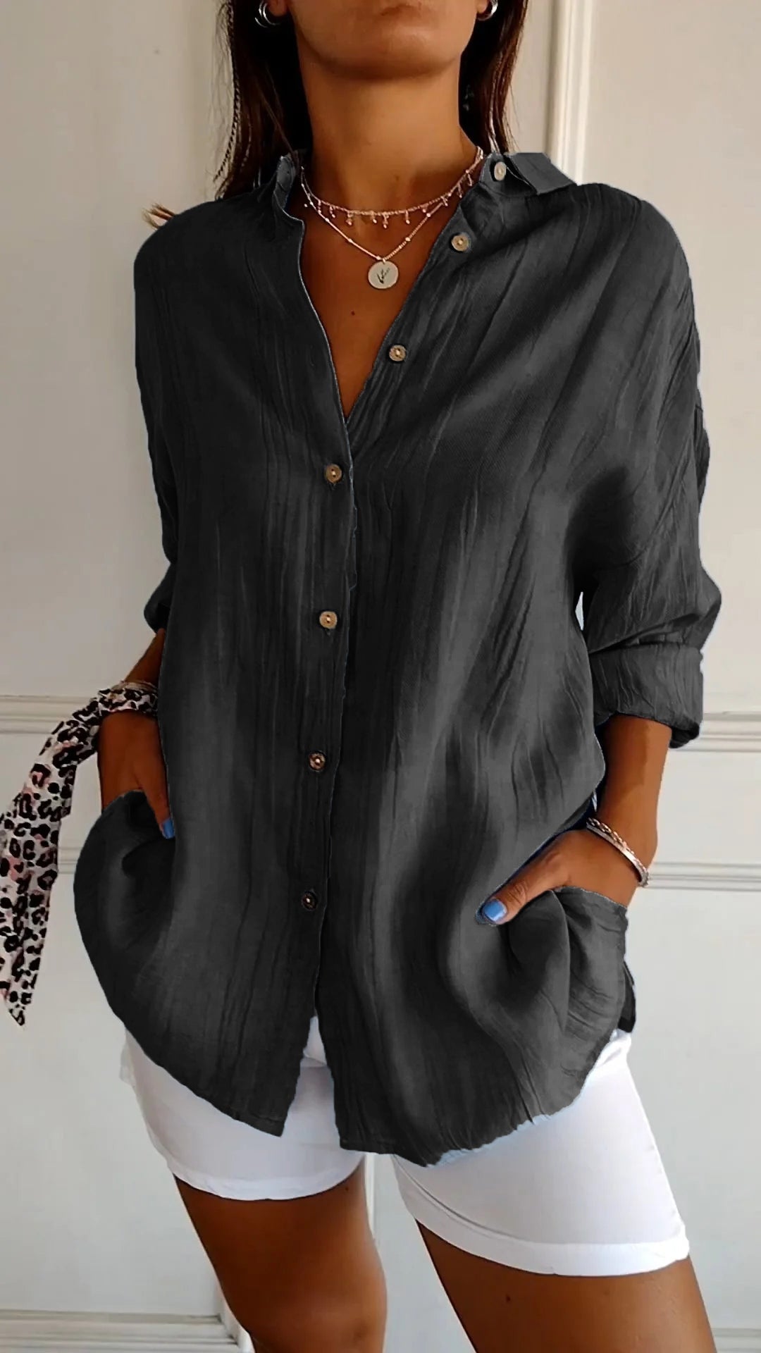 Dames Blouse Lange Mouw met V-hals en Knoopsluiting Oversized Zwart