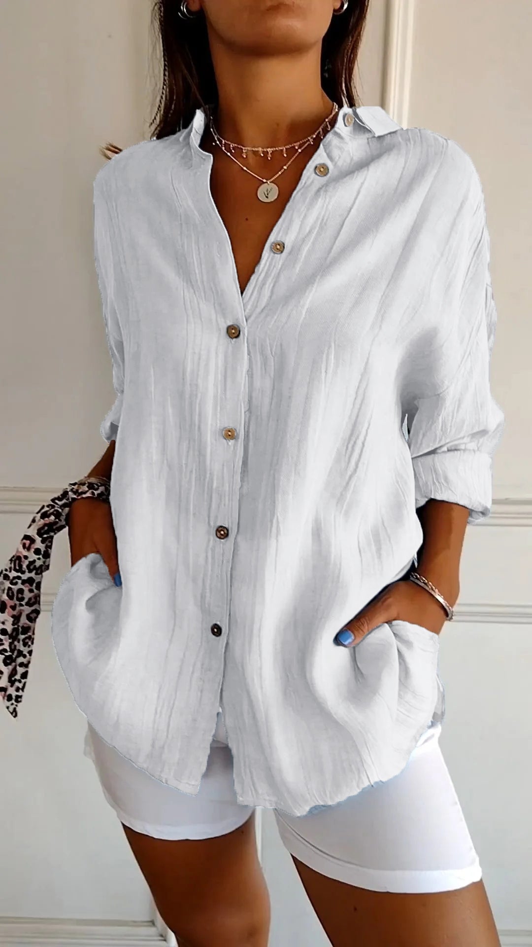 Dames Blouse Lange Mouw met V-hals en Knoopsluiting Oversized Wit