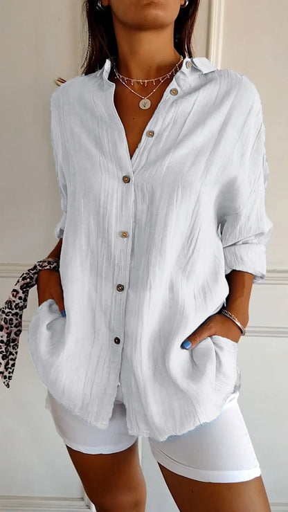 Dames Blouse Lange Mouw met V-hals en Knoopsluiting Oversized Wit