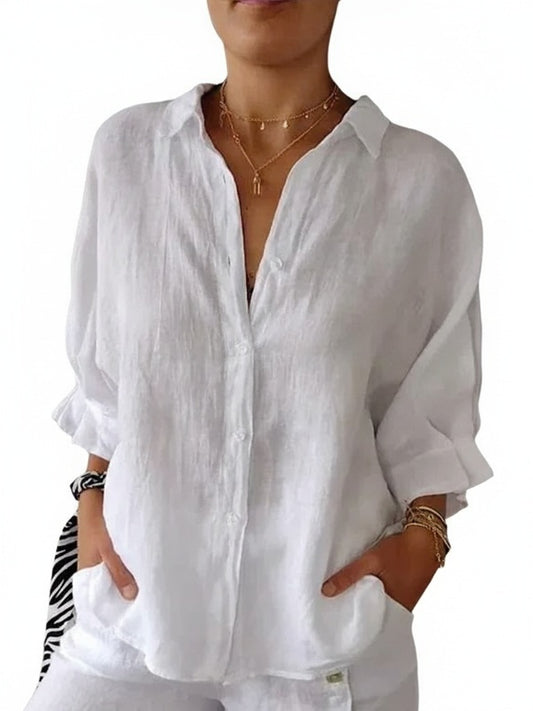 Dames Blouse Lange Mouw met V-hals en Knoopsluiting Oversized