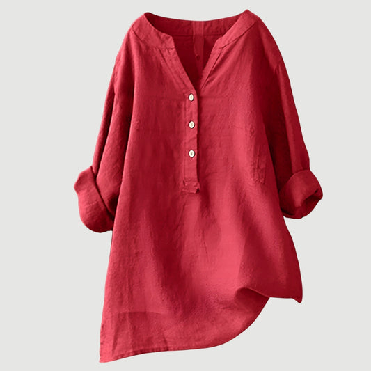 Dames Blouse Lange Mouw met V-hals en Knoopsluiting Oversized Rood