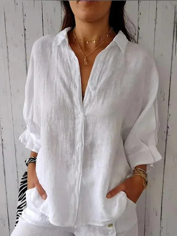 Dames Blouse Lange Mouw met V-hals en Knoopsluiting Oversized Wit