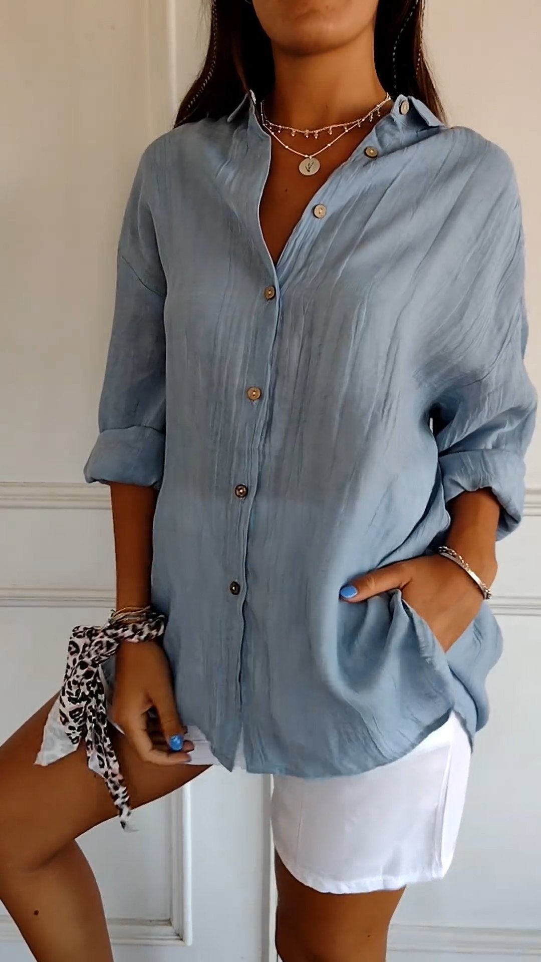 Dames Blouse Lange Mouw met V-hals en Knoopsluiting Oversized Grijs