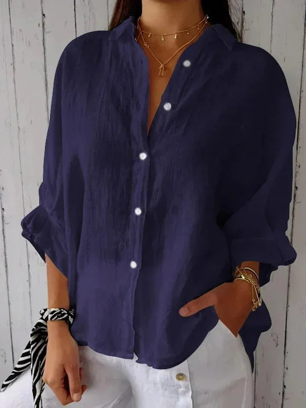Dames Blouse Lange Mouw met V-hals en Knoopsluiting Oversized Marineblauw