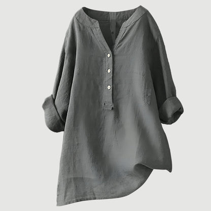 Dames Blouse Lange Mouw met V-hals en Knoopsluiting Oversized Grijs