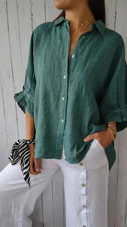 Dames Blouse Lange Mouw met V-hals en Knoopsluiting Oversized Malachietgroen