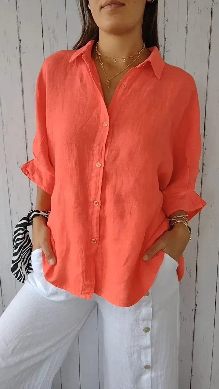 Dames Blouse Lange Mouw met V-hals en Knoopsluiting Oversized Oranje