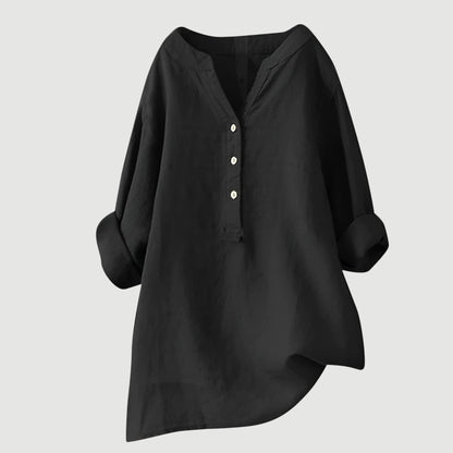Dames Blouse Lange Mouw met V-hals en Knoopsluiting Oversized Zwart
