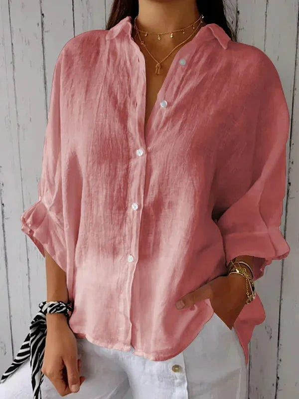 Dames Blouse Lange Mouw met V-hals en Knoopsluiting Oversized Roze