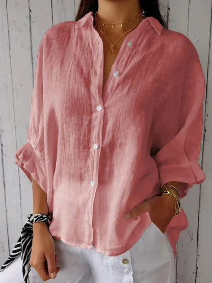 Dames Blouse Lange Mouw met V-hals en Knoopsluiting Oversized Roze