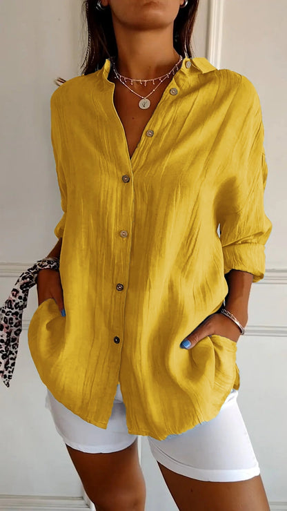 Dames Blouse Lange Mouw met V-hals en Knoopsluiting Oversized Geel