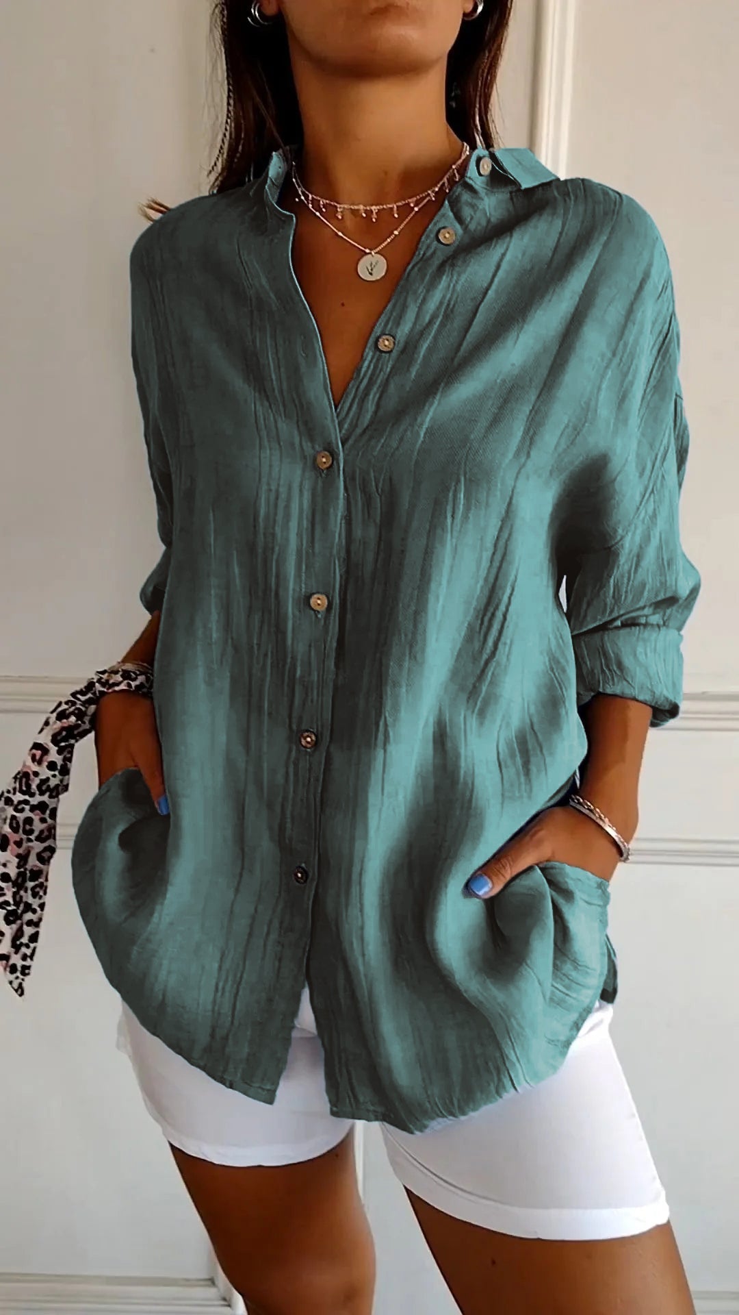 Dames Blouse Lange Mouw met V-hals en Knoopsluiting Oversized Groenturquoise