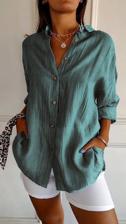 Dames Blouse Lange Mouw met V-hals en Knoopsluiting Oversized Groenturquoise
