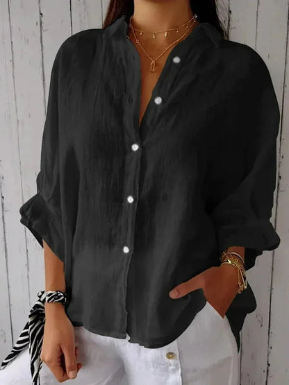 Dames Blouse Lange Mouw met V-hals en Knoopsluiting Oversized Zwart