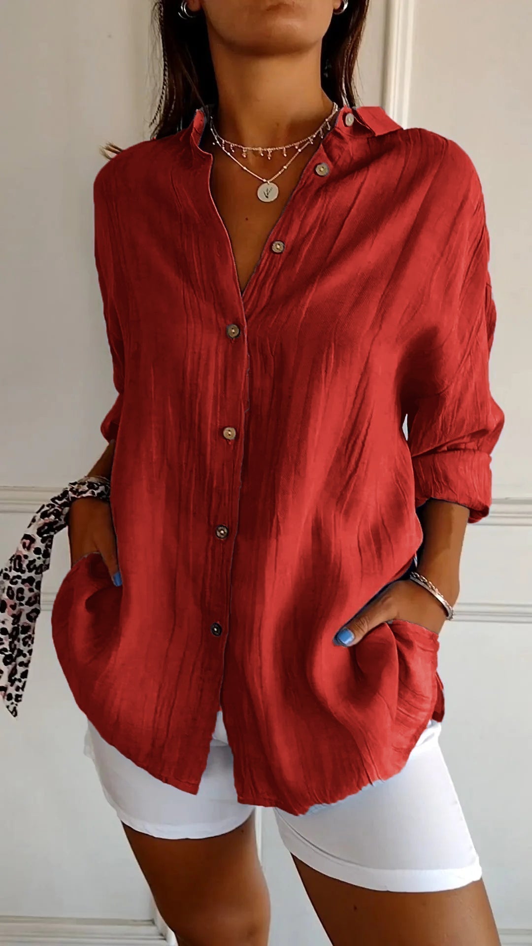 Dames Blouse Lange Mouw met V-hals en Knoopsluiting Oversized Rood