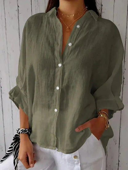Dames Blouse Lange Mouw met V-hals en Knoopsluiting Oversized Olijfgroen